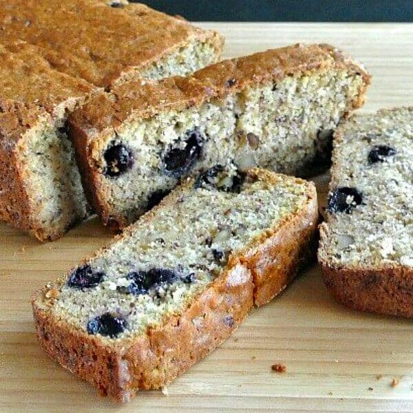 Front view of blueberry laden slices of banana bread.