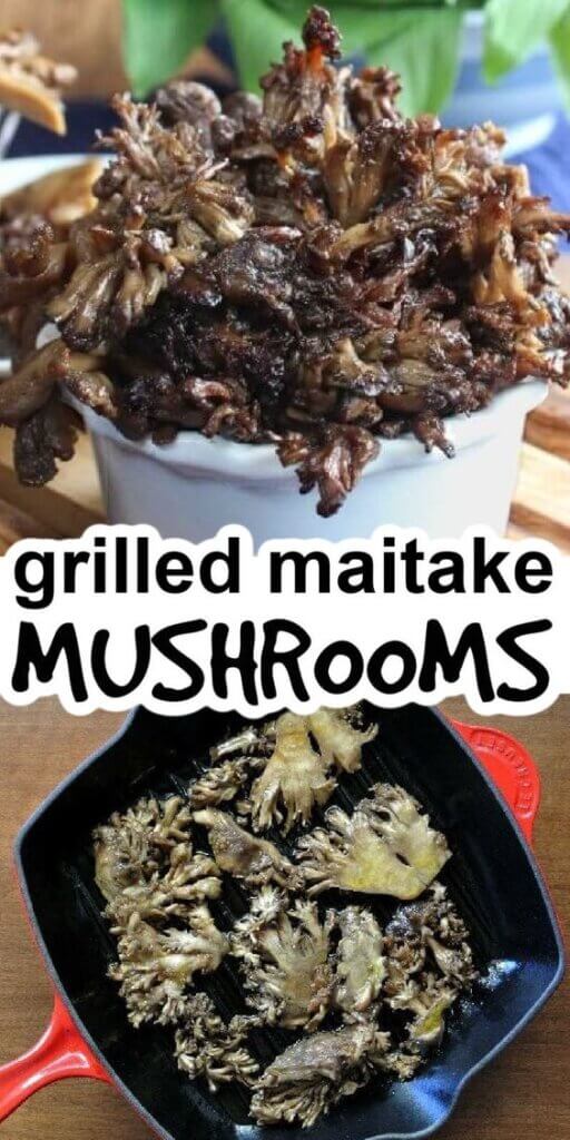 Two photos of maitake mushrooms.One is of grilled mushrooms poking up out of a white bowl and the other is an overhead view of maitake mushrooms being frilled in a grill pan.
