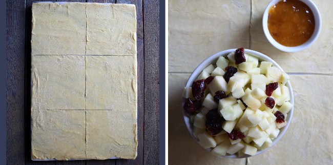 Two photos - one showing how the puff pastry is cut and the second if showing the diced fruit and jelly.