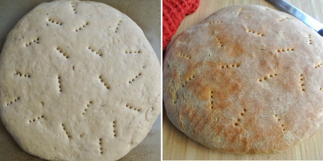 Two photos of dairy free bread with one photo being raw and the other baked golden.