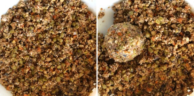 Two photos showing the pulsed vegges in a bowl and showing how well it sticks together in a ball.