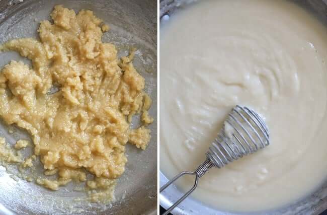 Two phtots, a roux is on the left and the cooking the vegan gravy recipe is on the right.