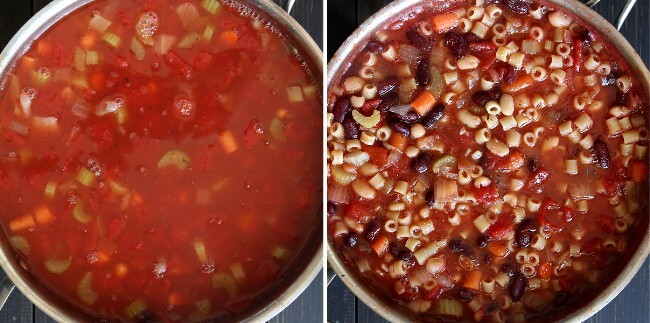 Two photos with boiling soup base and then a photo with it showing all of the cooked veggies together.