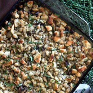 Overhead casserole dish full of stuffing cropped square.
