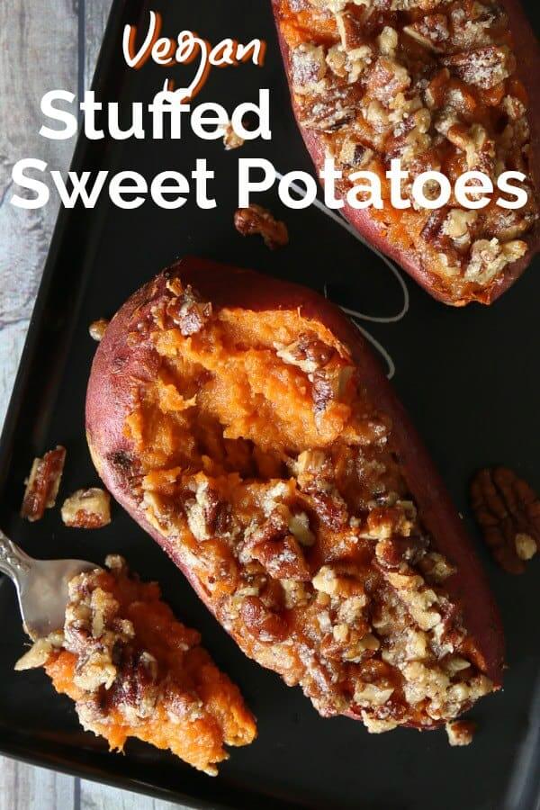 Overhead photo of two dressed and baked sweet potatoes with a forkful sitting next to them and txt above.