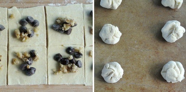 Two photos showing the vegan Christmas cookies filling on puff pastry sheets and then folded up.