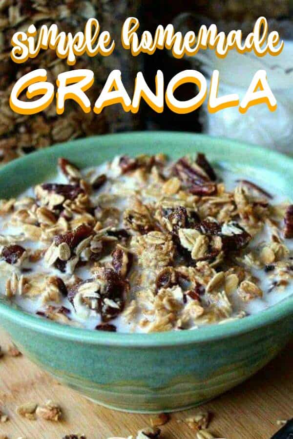 Close-p cropped bowl of date bar granola with text above for pinning.