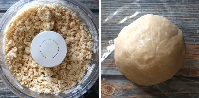 Two photos and overhead photos of flour, butters and water in a food processed combined and then rolled in a ball.