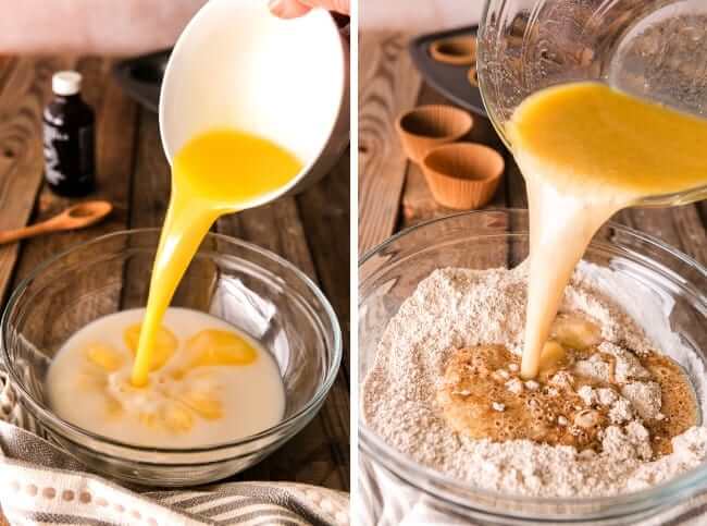 Two process photos with mixing together the dry and wet ingredients for vegan breakfast muffins.