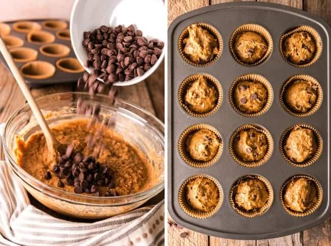 Two photos with chocolate chips being folded into batter and then the batter in 12 muffin tins.