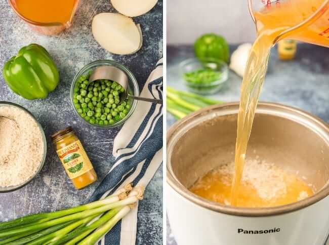 Duas fotos do processo, sendo a primeira uma foto aérea dos ingredientes e a segunda mostrando o processo inicial de adição de ingredientes a uma panela de arroz.