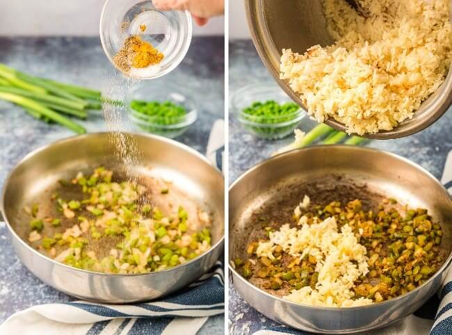 2つのプロセス写真があり、1つ目は野菜をソテーしているところ、2つ目は炊いたご飯をスキレットに入れているところです。