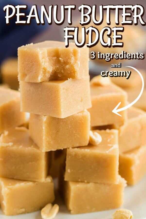 Close up of creamy peanut butter fudge with a bite taken out of the top one and words for pinterest.