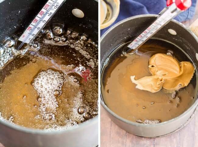 Two process shots for making candy. one is in a pan with a candy thermometer and the other is having more ingredients added to the pan for stirring.