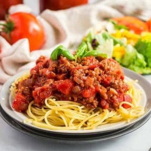 Square photo of the perfect plateful of spaghetti.