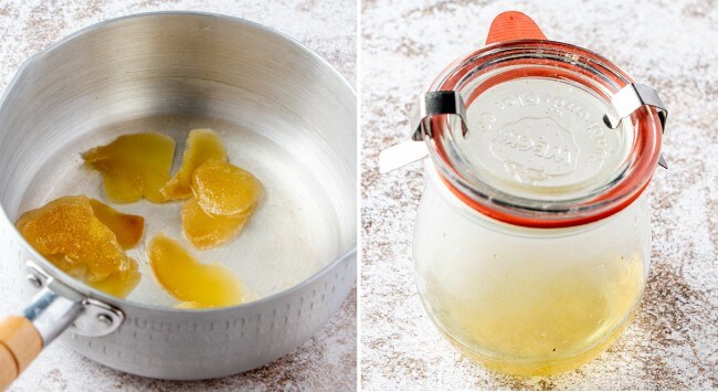 Two photos showing the process of making simple syrup in a saucepan and then seeing it jarred.