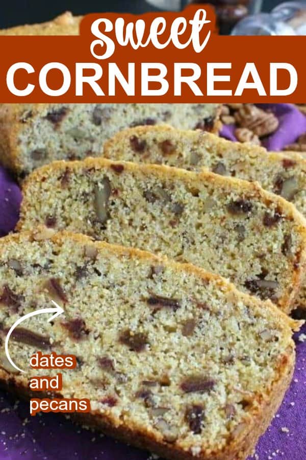 Layers of slices of cornbread dotted with dates and pecans in the mix.