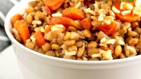 Side view of a white bowl piled with lentils, carrots and rice casserole.