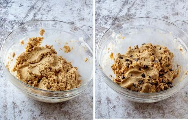 Two photos with mixed dough in a large bowl and mixed dough with chocolate chips mixed in.