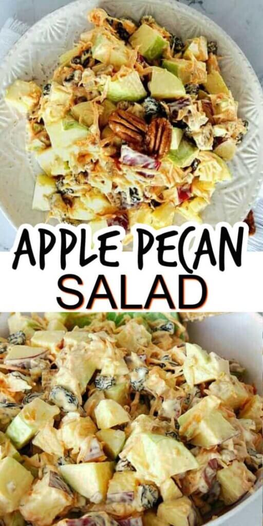 Two photos one above the other showing apples chopped with more fruit and nuts for an appetizer salad. All on white with text in the middle for Pinterest.