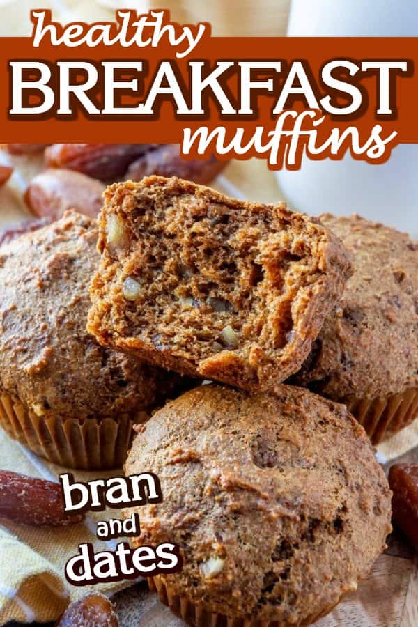 A pile of muffins with one broken open on the top. Text to explain the recipe also.