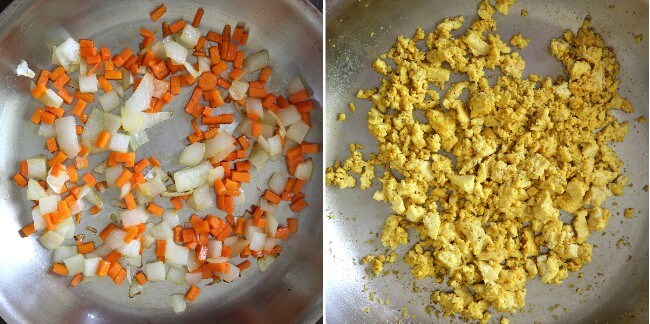 Two process photos showing sauteing veggies and also making tofu scramble.