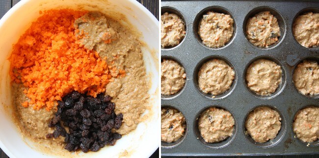 Two photos with the raisins and carrot being added to the mixed batter and then showing the batter scooped into a muffin tin.