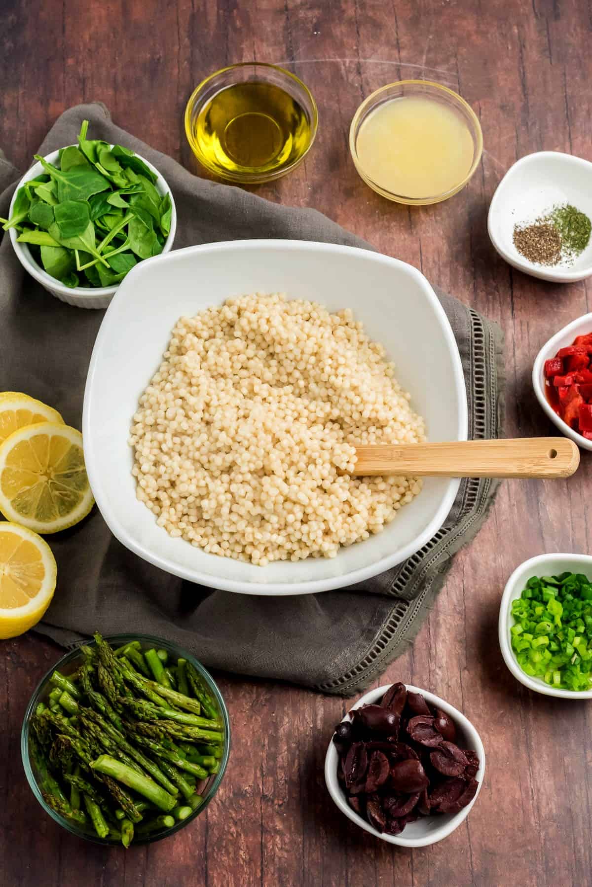 Overhead view of each ingredient in it's separate bowl.