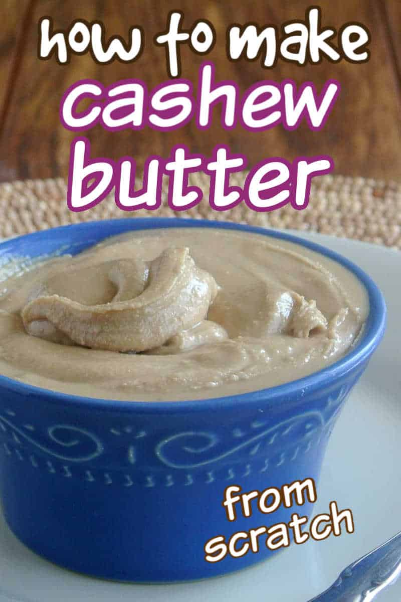 Left cropped blue bowl filled with creamy nut butter with colorful text above and below.