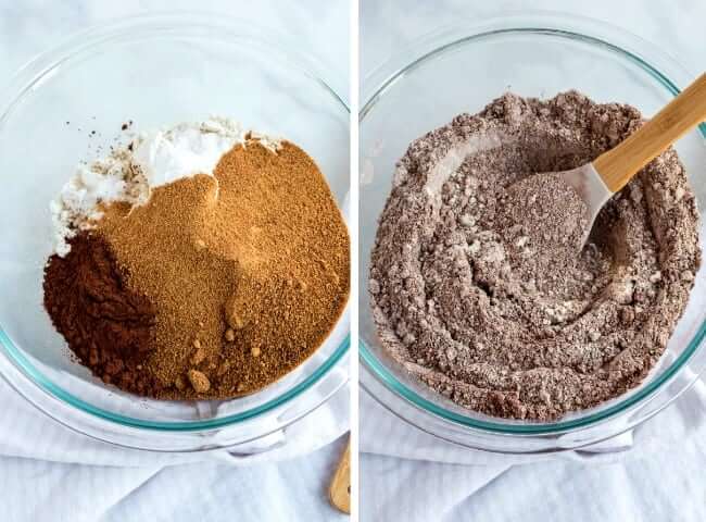 Two photos showing the dry ingredients in a bowl and then mixed together in the same bowl.