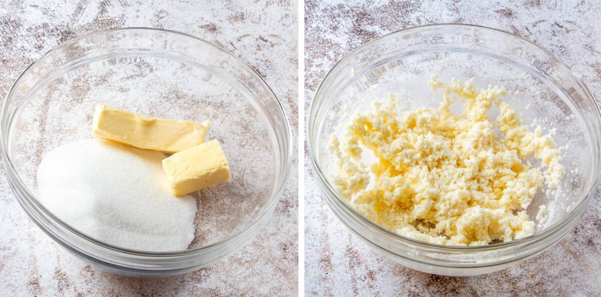 Two process photos showing a clear bowl with dairy free butter and sugar and then it is shown mixed together.