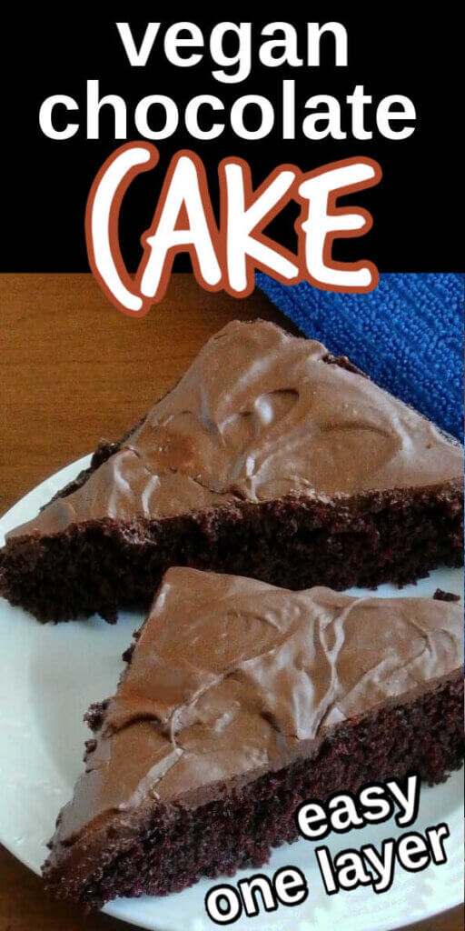 Two triangles of simple chocolate cake on a small white plate and tilted forward with text for pinterest.