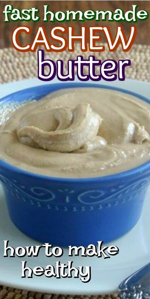Cropped blue bowl filled with creamy nut butter with colorful text above and below for Pinterest.