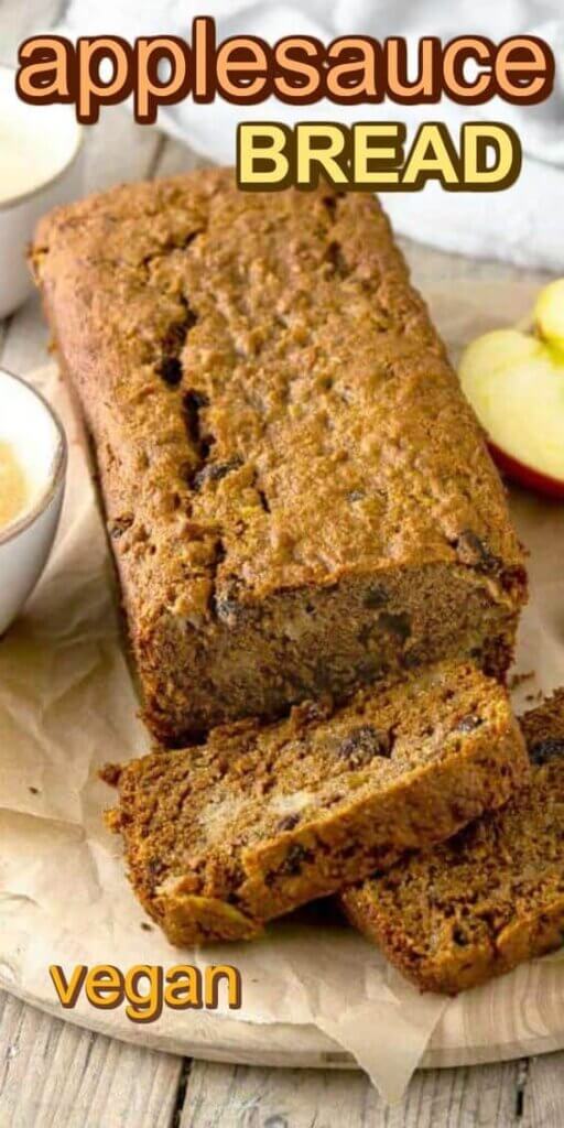 Angled overhead view of a few slices cut from the loaf of applesauce bread.