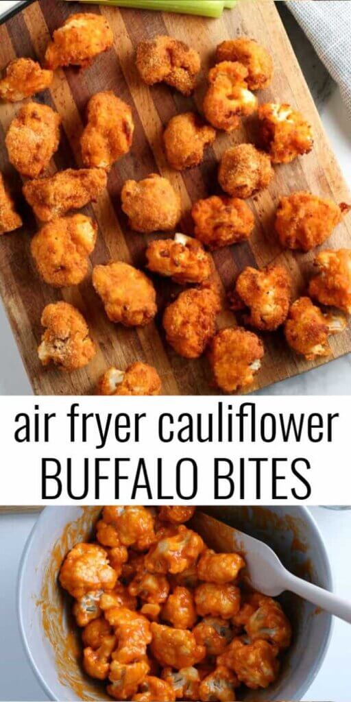 Two photos with one above the other showing a wooden board filled with cauliflower 'fried wings' and stirring them in the sauce.