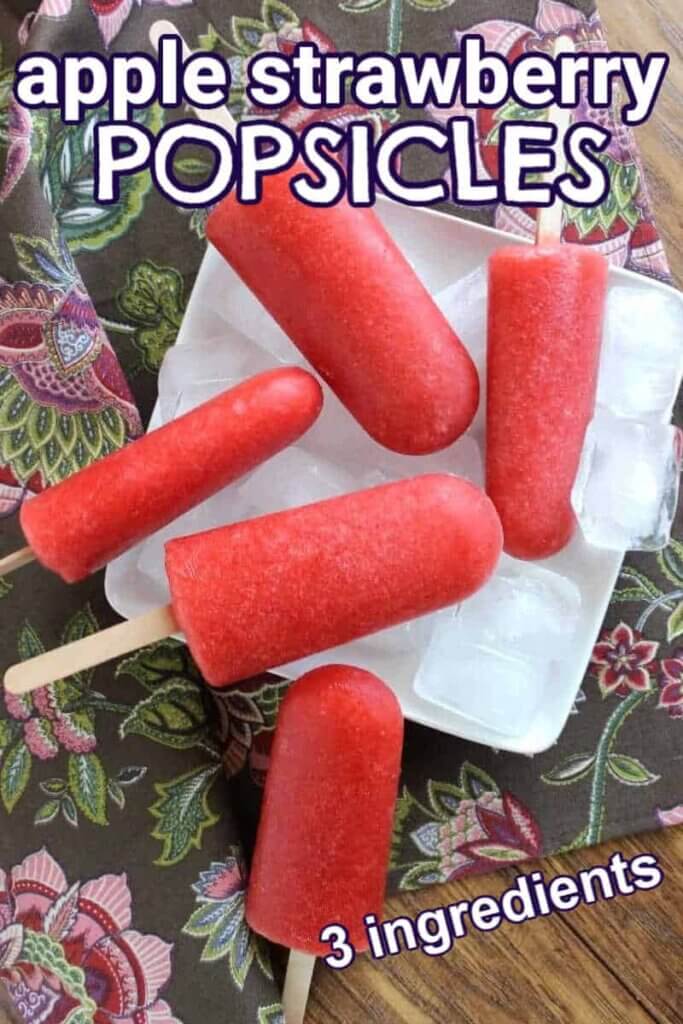 Overhead photo of 5 red popsicles on a bed of ice and a square white plate with text for Pinterest.
