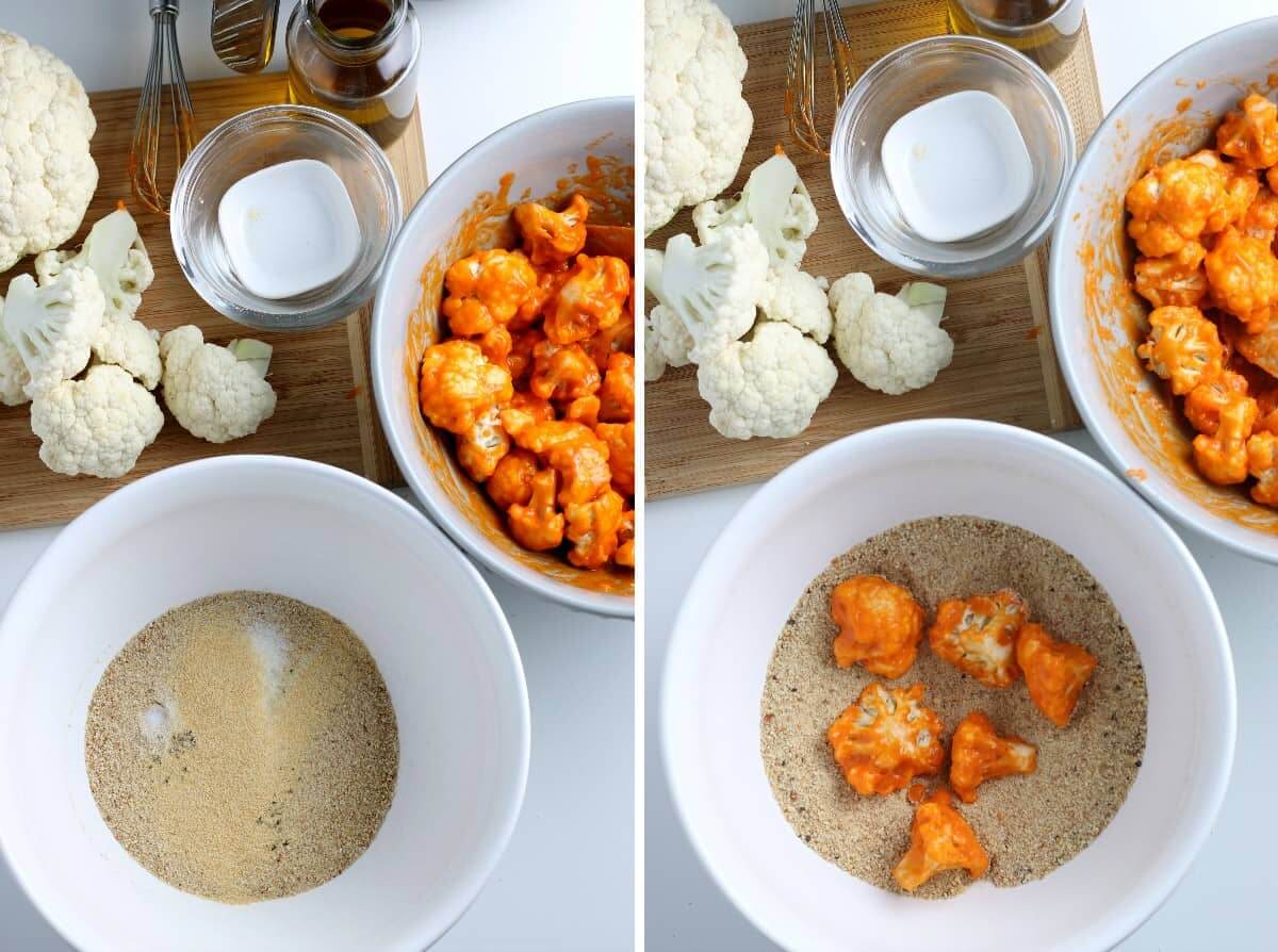 An Overhead view of two photos showing the process of covering the dry ingredients coating and then a photo showing the cauliflower being coated.