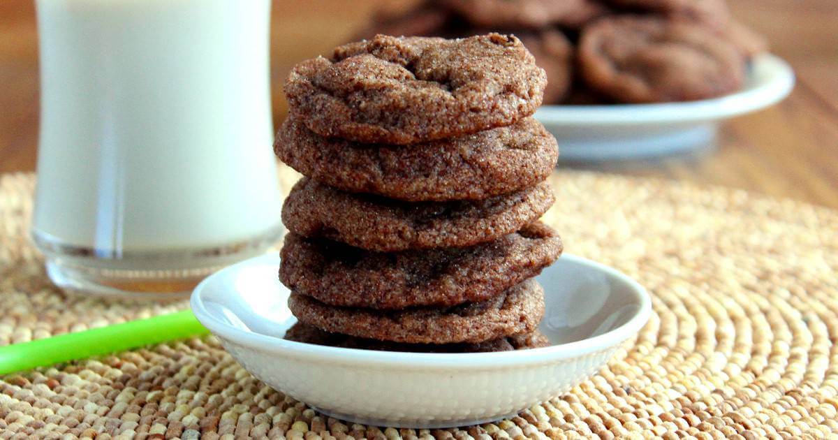 Wide photo of double chocolate chip cookie recipe, milk and more cookies on a wooden mat.