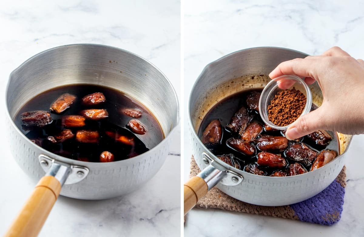 Two process photos showing dates being softened and cooked in a saucepan with liquids.