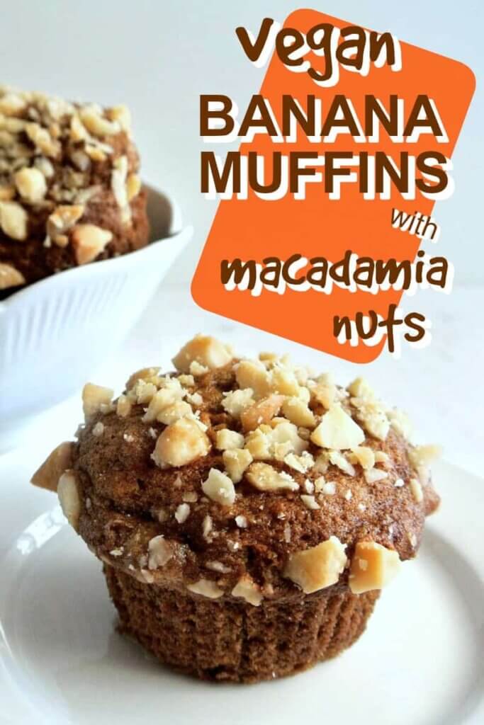 Center vegan banana muffin sprinkled with chopped nut against a white background. Text above with orange overlay for pinterest.