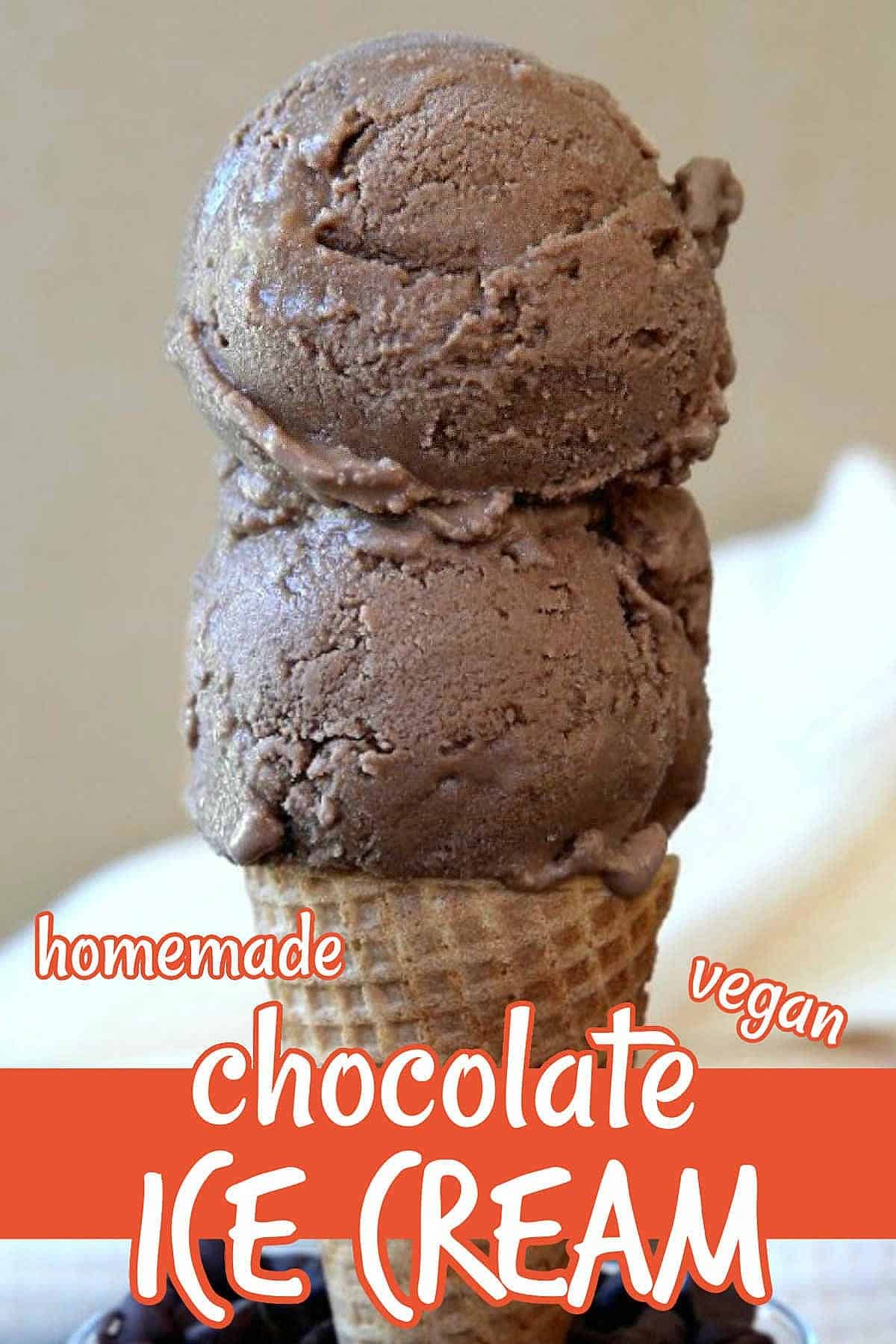 Two scoops of vegan chocolate ice cream on a cone and standing in a glass of chocolate chips. Text below for pinning