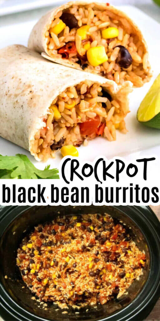 Two photos one above the other with a cut open burrito showing the rice and beans inside and looking down into the crockpot showing the cooked mix to roll u[ in tortillas.