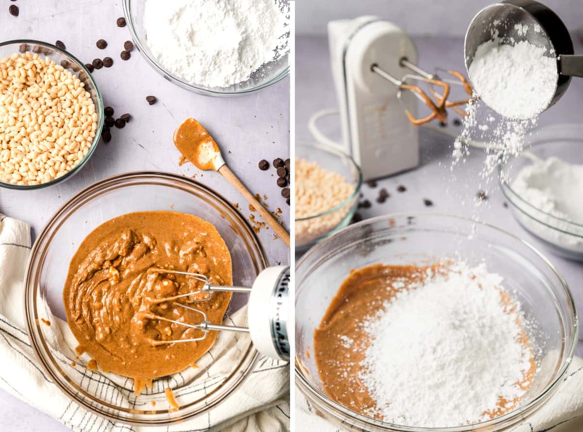 Two process photos showing blending the melted dairy free butter with the peanut butter and then adding in the powdered sugar.