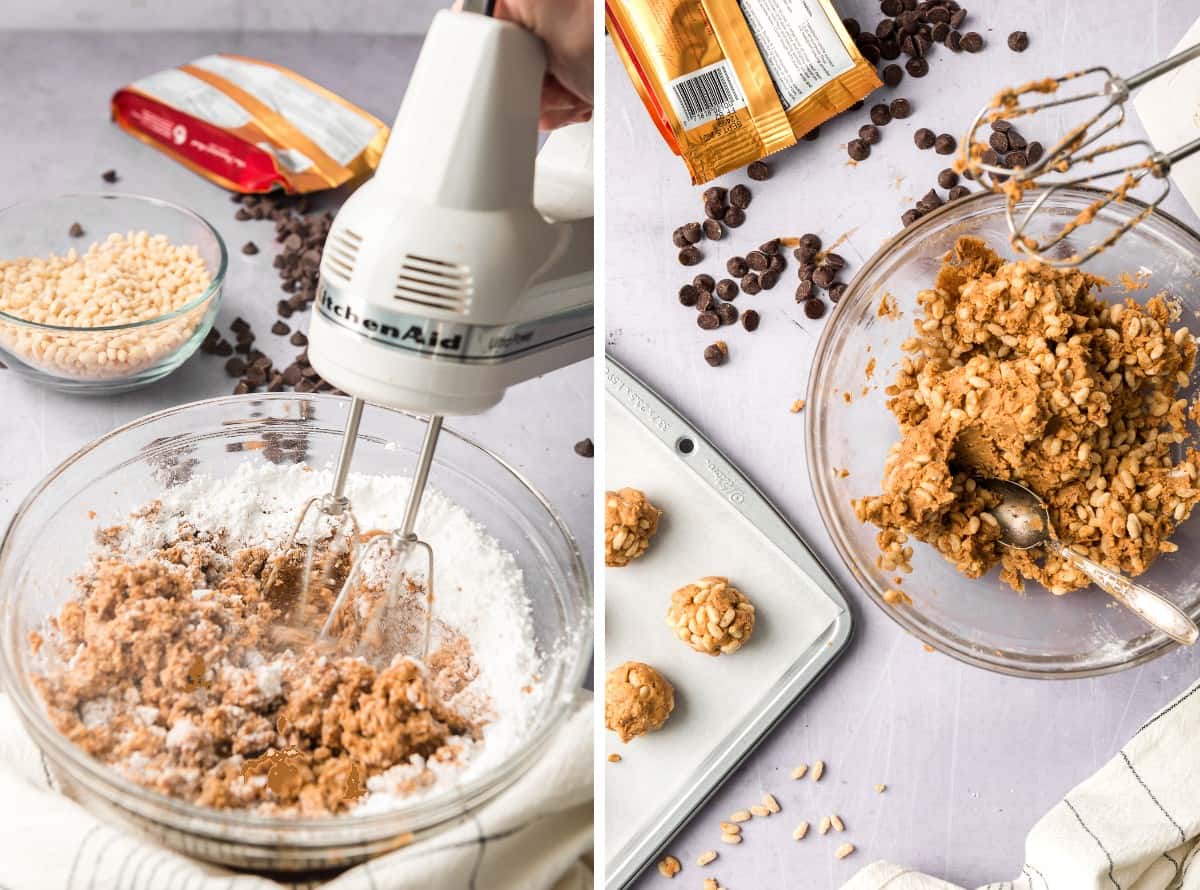 Two process photos showing a hand mixer blending in the sugar to the butter mixture and then the rice krispies.