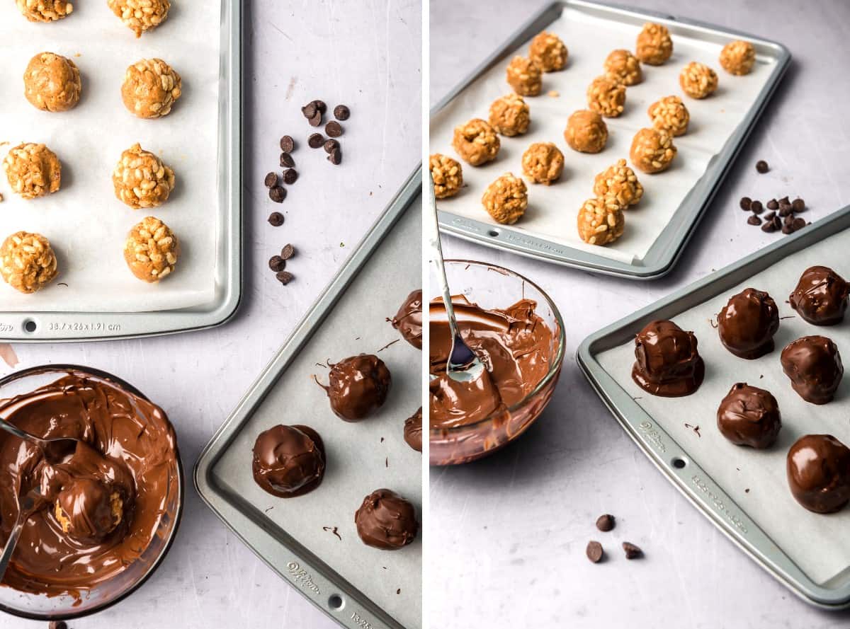 Two photos showing the final steps with rolled rice krispie balls being rolled into melted chocolate and then set aside on parchment paper.