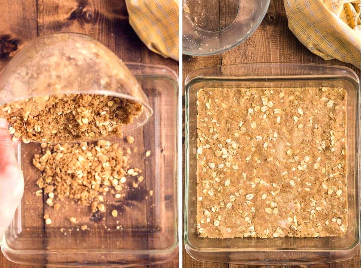 Two process photos showing the prepared crumb mixture being poured into the glass casserole and then showing it pressed into evenly.