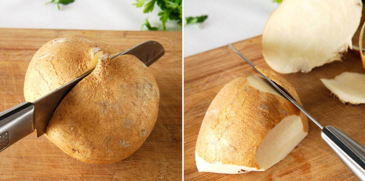 Two photos showing how to cut a jicama and then pare it with a knife.