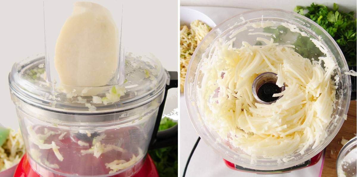 Two photos showing vegetables being loaded into the food processor and then showing what it looks like after being grated.