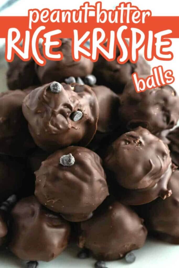 A pile of chocolate covered balls on a white plate with orange and white text above for Pinterest.