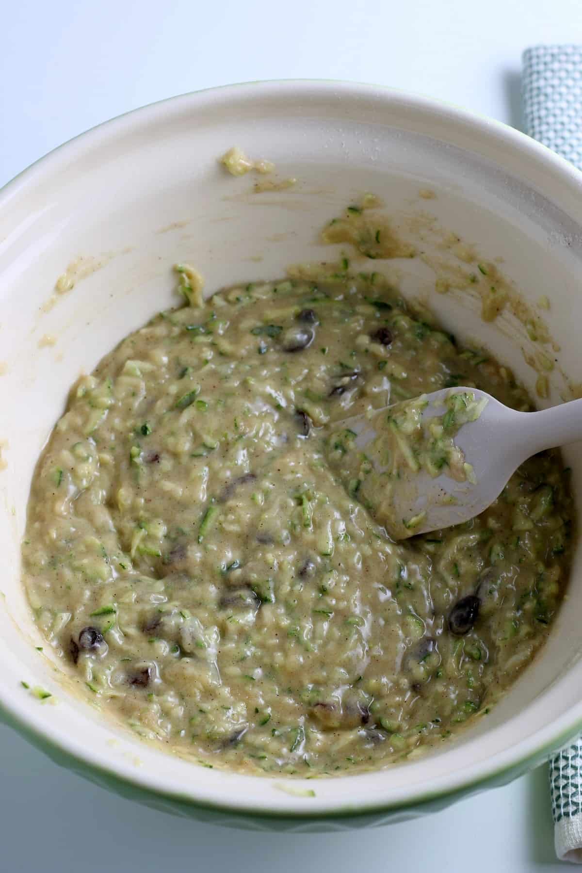 Overhead view with all of the ingredients combined in a large mixing bowl.